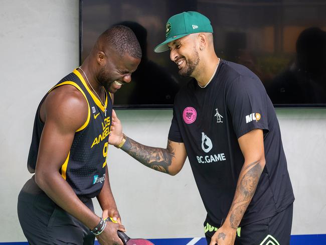 Tennis stars Nick Kyrgios, Frances Tiafoe and Naomi Osaka play pickeball on the QT Melbourne hotel rooftop. Picture: Mark Stewart