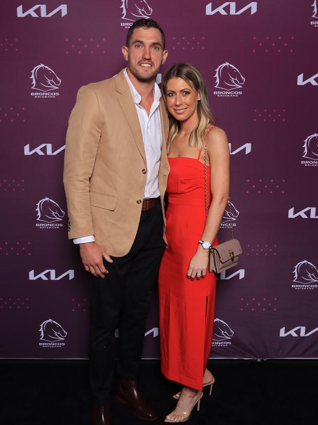 Corey and Tegan Oates at the Brisbane Broncos’ season launch at Water’s Edge, Hamilton. Picture: David Clark