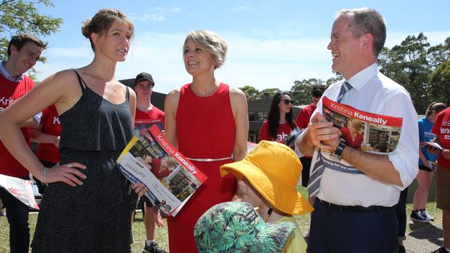 Opposition Leader Bill Shorten and Labor candidate Kristina Keneally speak with Nikita Salkavich at East Ryde Public School. Picture: Tim Hunter