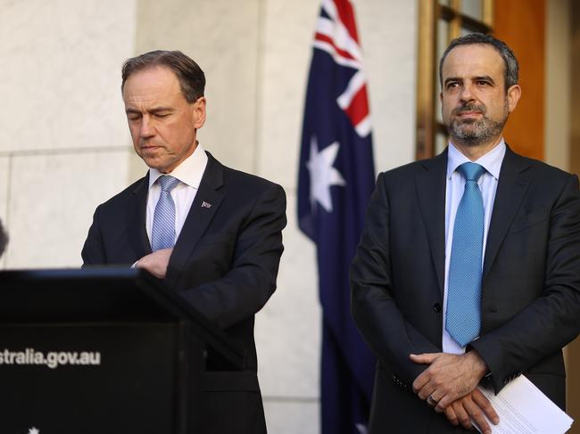 Health Minister Greg Hunt Minister and Dr Omar Khorshid, Australian Medical Association President. Picture: NCA NewsWire / Gary Ramage