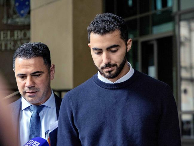 Kamal Ghali (right) leaves Melbourne Magistrates’ Court with his lawyer George Balot (left). Picture: David Geraghty / NewsWire