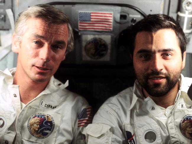 Astronaut Eugene A. Cernan (left) and astronaut-geologist Harrison H. "Jack" Schmitt, photographed by the third crew member Ronald Evans, aboard the Apollo 17 spacecraft.