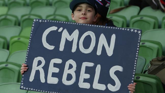 One of the few fans who keeps turning up to support the Melbourne Rebels. Picture: Robert Cianflone/Getty Images