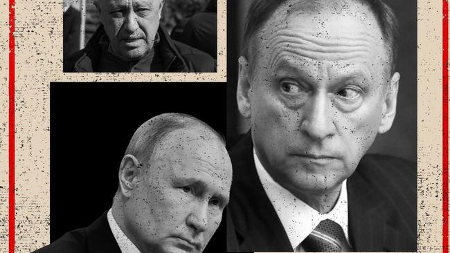 From top: Yevgeny Prigozhin, Nikolai Patrushev and Vladimir Putin. Illustration: Angela Owens/WSJ