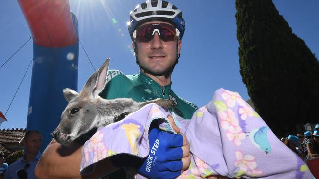 Italian rider Elia Viviani of team Quick-Step holds a kangaroo joey before stage two of the Tour Down Under from Unley to Stirling, South Australia, Wednesday, January 17, 2018. (AAP Image/Dan Peled) NO ARCHIVING, EDITORIAL USE ONLY