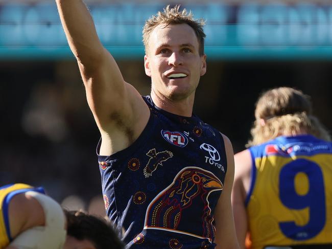 ADELAIDE, AUSTRALIA - MAY 25: Jordan Dawson of the Crows celebrates a goal during the 2025 AFL Round 11 match between Kuwarna (Adelaide Crows) and Waalitj Marawar (West Coast Eagles) at Adelaide Oval on May 25, 2025 in Adelaide, Australia. (Photo by James Elsby/AFL Photos via Getty Images)