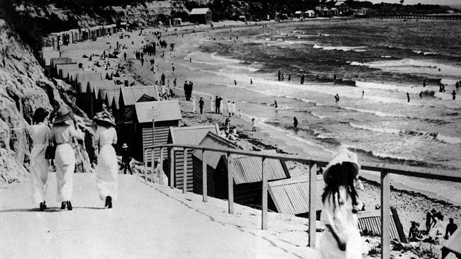  Bathing boxes at Melbourne's Hampton Beach in the 1920s. Picture: Supplied