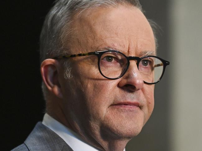 CANBERRA, AUSTRALIA - APRIL 5: Prime Minister of Australia Anthony Albanese, Senator Katy Gallagher and Minister for the Arts Tony Burke address the media during a visit to the National Gallery of Australia in Canberra. Picture: NCA NewsWire / Martin Ollman