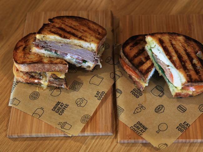 A roast beef (L) and pesto chicken toastie. Looks good. Picture: Toby Zerna