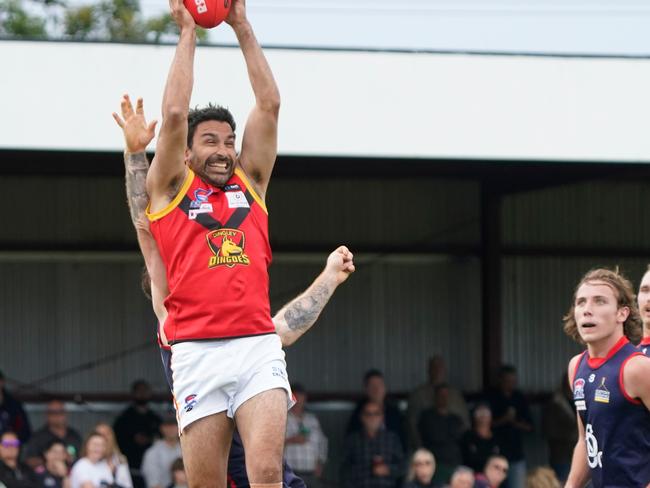 SFNL: Springvale Districts v Dingley at Springvale Reserve.  Trent Dennis-Lane takes a mark for Dingley. Picture: Valeriu Campan