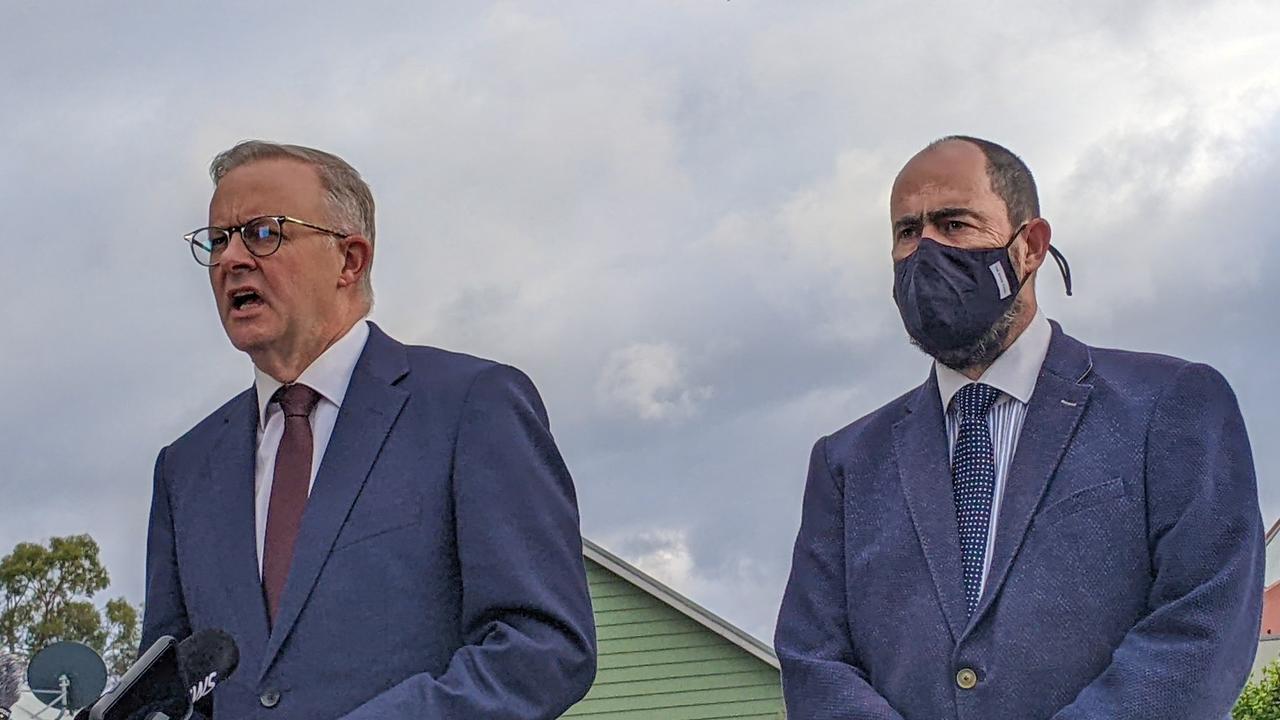 Opposition Leader Anthony Albanese with Labor candidate for Bass Ross Hart at OneCare's The Manor Kings Meadows retirement village. Picture: Alex Treacy