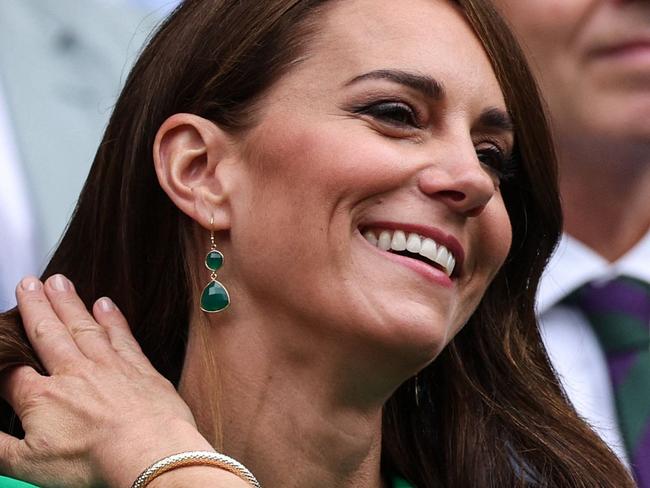 Britain's Catherine, Princess of Wales, smiles at the Centre Court' Royal Box ahead of the men's singles final tennis match between Spain's Carlos Alcaraz and Serbia's Novak Djokovic on the last day of the 2023 Wimbledon Championships at The All England Tennis Club in Wimbledon, southwest London, on July 16, 2023. (Photo by Adrian DENNIS / AFP) / RESTRICTED TO EDITORIAL USE