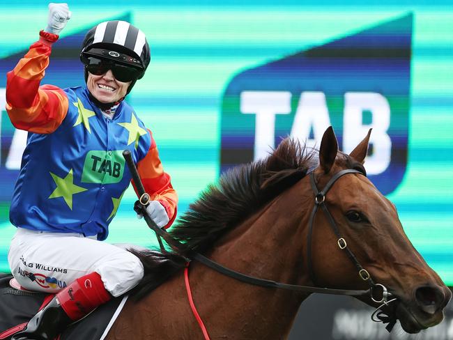 SYDNEY, AUSTRALIA - OCTOBER 19: Craig Williams riding Bella Nipotina wins Race 7 The TAB Everest during Sydney Racing - The Everest Day at Royal Randwick Racecourse on October 19, 2024 in Sydney, Australia. (Photo by Jeremy Ng/Getty Images)