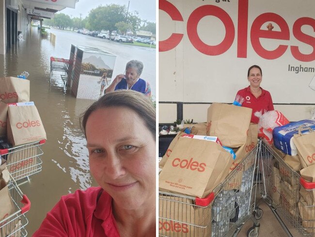 Coles Ingham duty manager Marcia Glindermann was put on a boat to access the store on Sunday. Picture: Supplied.