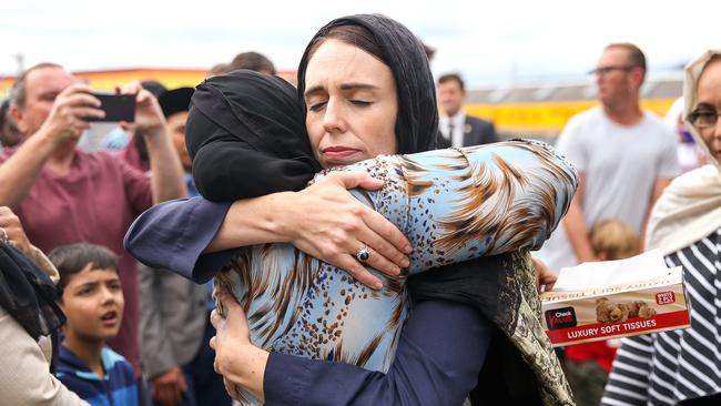 Prime Minister Jacinda Ardern hugs a mosque-goer at the Kilbirnie Mosque on March 17, 2019 in Wellington, New Zealand. Photo by Hagen Hopkins