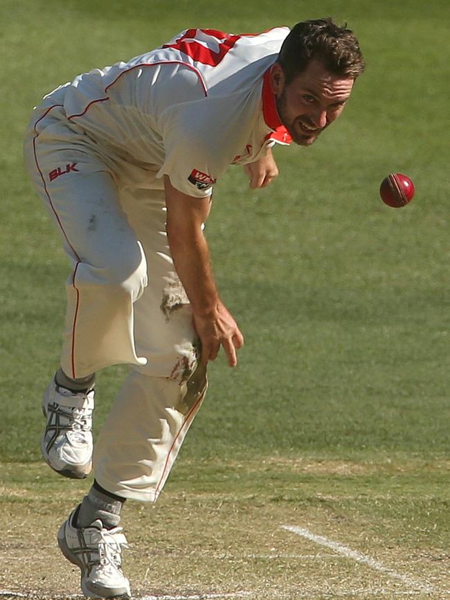 Chadd Sayers in full flight for South Australia. Picture: AAP Image/Hamish Blair