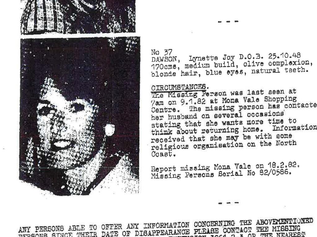 A missing person's report for Lynette Dawson from the time after she disappeared. Picture: Supplied