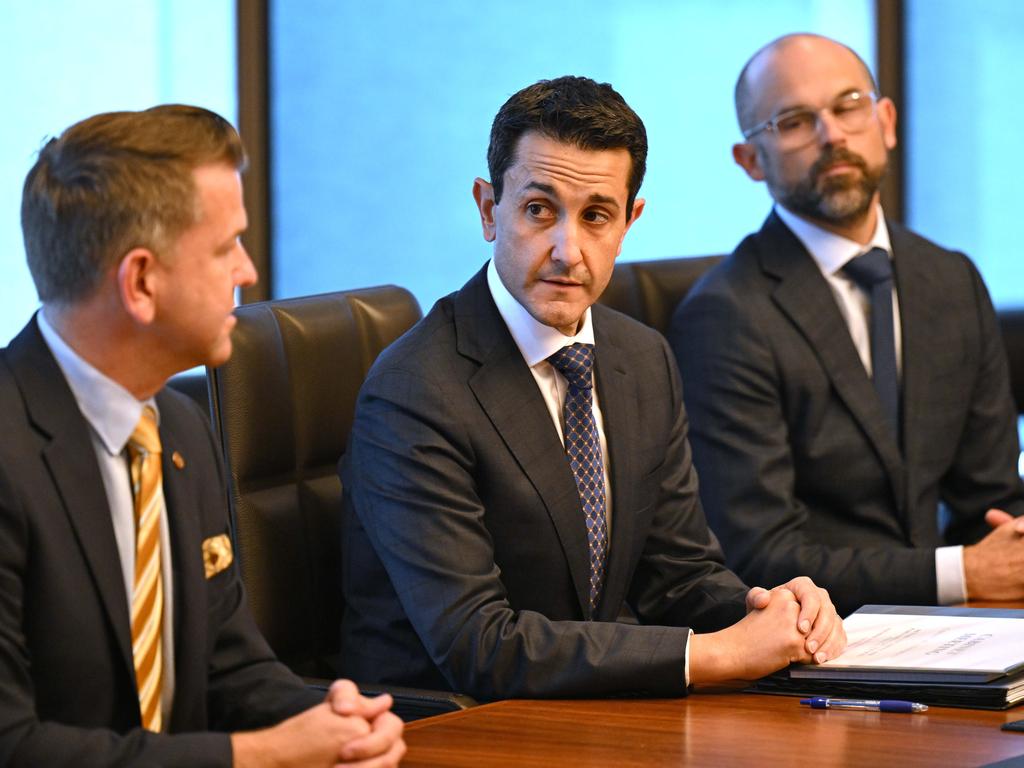 Premier David Crisafulli flanked by Deputy Premier and Minister for State Development, Infrastructure and Planning Jarrod Bleijie (left) and Treasurer David Janetzki. Picture: Lyndon Mechielsen