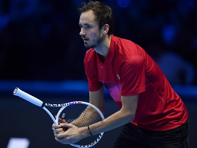 TURIN, ITALY - NOVEMBER 10: Daniil Medvedev reacts against Taylor Fritz of United States in the Men's Singles Group Stage match during day one of the Nitto ATP finals 2024 at Inalpi Arena on November 10, 2024 in Turin, Italy. (Photo by Valerio Pennicino/Getty Images)