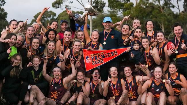 SMOSH West Lakes celebrates its division one women's grand final victory on Saturday. Picture: Brayden Goldspink