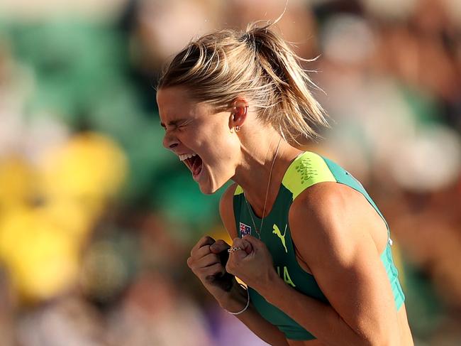 EUGENE, OREGON - JULY 17: Nina Kennedy of Team Australia celebrates in the Women's Pole Vault Final day three of the World Athletics Championships Oregon22 at Hayward Field on July 17, 2022 in Eugene, Oregon. (Photo by Ezra Shaw/Getty Images)