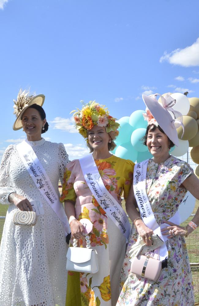 The winners of the three women's best dressed categories at the Clifton Races (from left) Melissa, Peta and Julia on Saturday, October 28, 2023. Picture: Jessica Klein