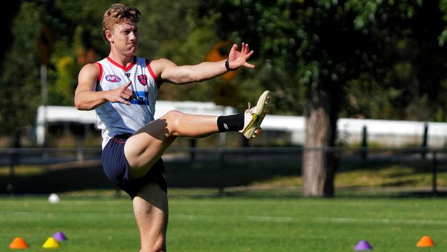 Melbourne youngster Jacob Van Rooyen could pip Ben Brown for a spot in the Dees’ best 23. Picture: Tess Gellie