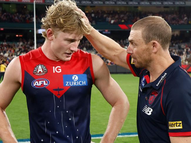 MELBOURNE, AUSTRALIA - APRIL 24: Jacob van Rooyen of the Demons and Simon Goodwin, Senior Coach of the Demons celebrate during the 2023 AFL Round 06 match between the Melbourne Demons and the Richmond Tigers at the Melbourne Cricket Ground on April 24, 2023 in Melbourne, Australia. (Photo by Michael Willson/AFL Photos via Getty Images)