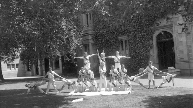 Schoolchildren outside old Hutchins School Hobart 1940s Slide 17060 Negative number Box 565