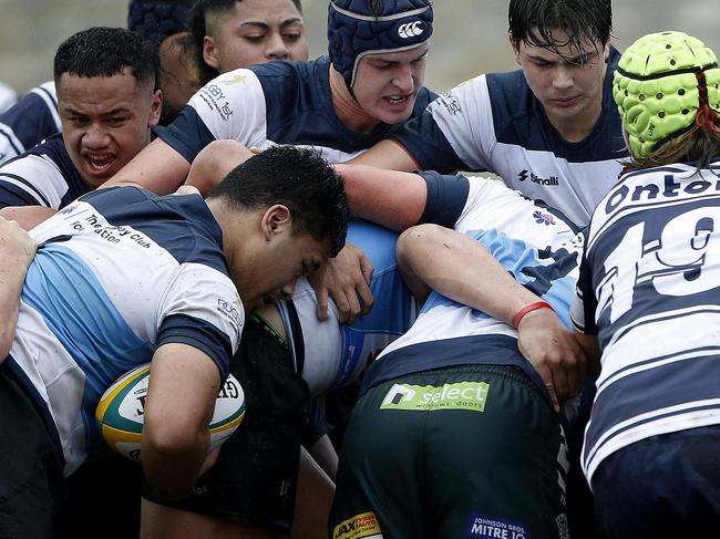 NSW Barbarians (blue and white) v Victoria . action from Game. 48th Australian School Rugby Championships at Knox Grammar. Picture: John Appleyard