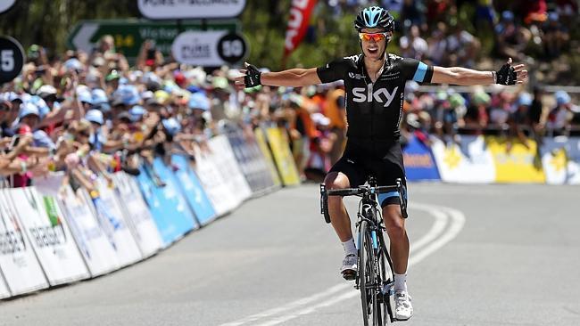 Sky Racing's Richie Porte celebrates after winning stage 5 of the 2014 Tour Down Under. Picture: Ma...