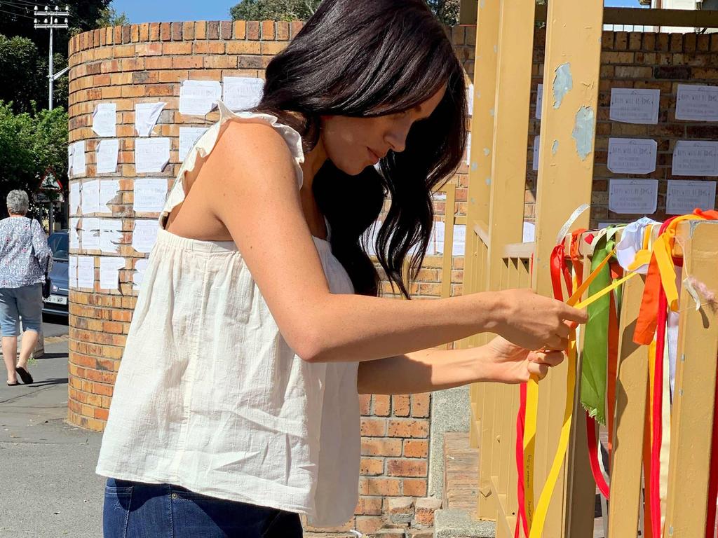 Meghan’s huge following has helped shine a light on issues she is interested in – including when she visited the memorial of a murdered South African student, Uyinene Mrwetyana, in Cape Town. Picture: AFP