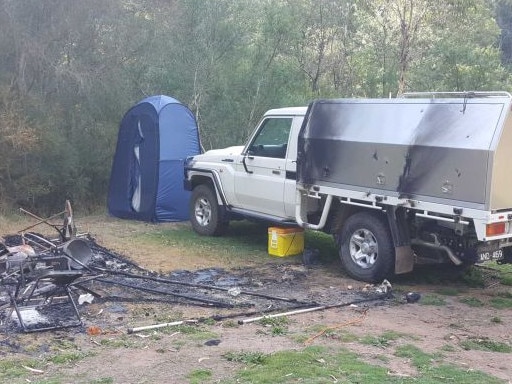 The damaged campsite belonging to Russell Hill and Carol Clay's who have been reported as missing in the Wonnangatta Valley. Picture: ABC
