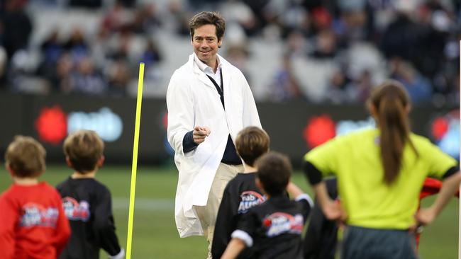 AFL CEO Gillon McLachlan goal umpires Auskick match. Picture: Michael Klein