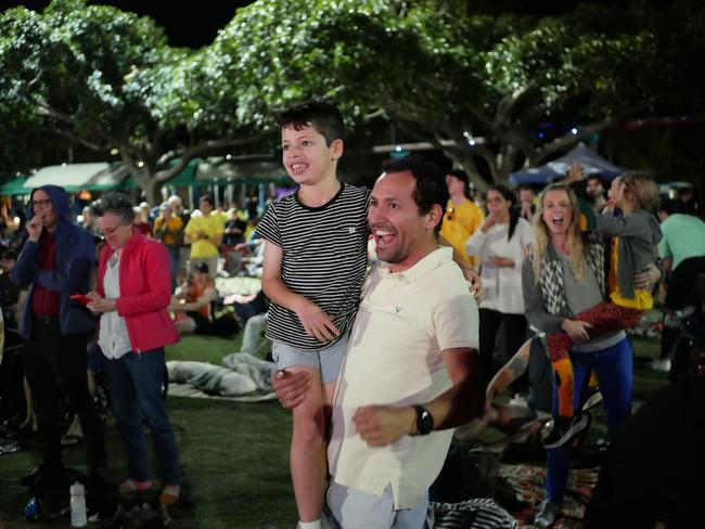 Fans celebrate after Australia defeated France in the quarter-finals of the FIFA Women's World Cup, at The Strand in Townsville on August 12, 2023. Picture: Blair Jackson