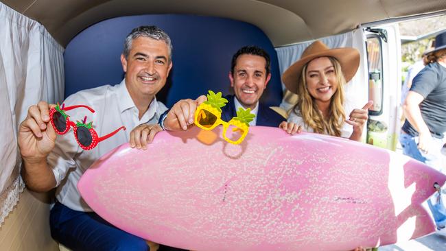 Burleigh MP Hermann Vorster, Premier David Crisafulli, and Minister for Youth Justice Laura Gerber on the Gold Coast on Friday to promote Queensland Day. Picture: Nigel Hallett