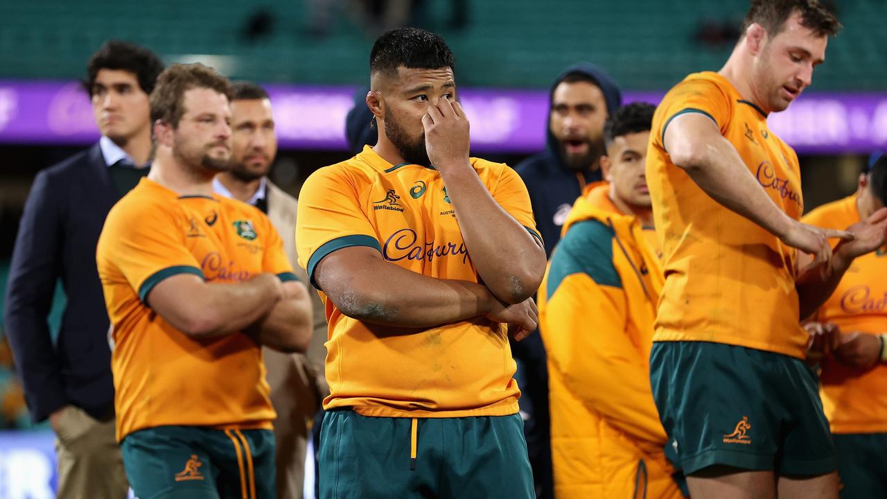 Folau Fainga'a of the Wallabies looks dejected after losing game three of the International Test match series between the Australia Wallabies and England. (Photo by Cameron Spencer/Getty Images)