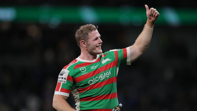 Tom Burgess celebrates a win for the Rabbitohs.