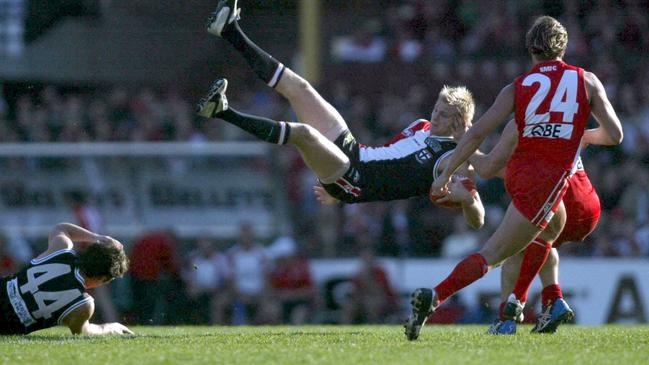 Nick Riewoldt’s famous mark running back against the Sydney Swans at the SCG in 2004.