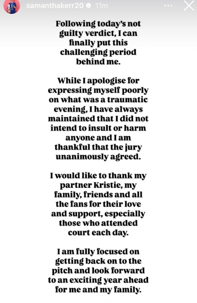 Sam Kerr has published a statement to her Instagram page following the end of her trial in London. Picture: Instagram