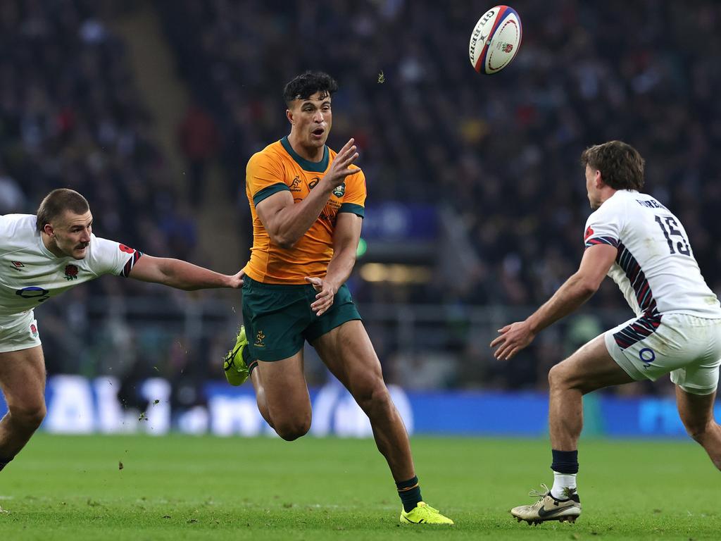 Joseph-Aukuso Suaalii terrorise England on his Wallabies debut. Picture: David Rogers/Getty Images