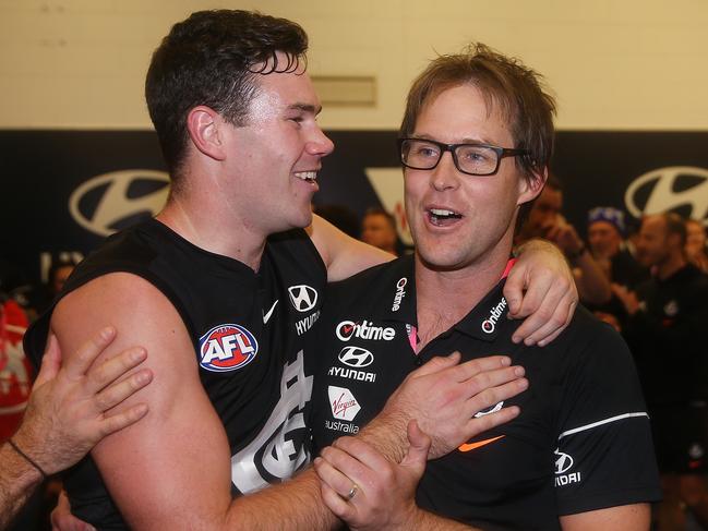 AFL Round 12. 08/06/2019. Carlton v Brisbane Lions at Marvel Stadium, Melbourne. Interim coach David Teague gets a hug of Mitch McGovern   .  Pic: Michael Klein