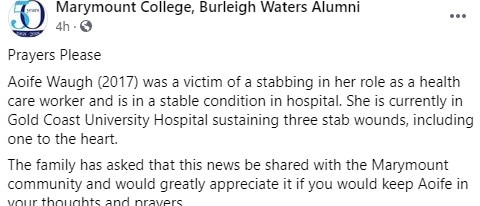 Marymount College, Burleigh Waters Alumni Facebook post for Aóife Waugh. Picture: Facebook