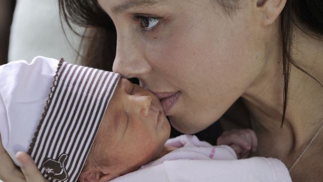 Oksana Grigorieva with newborn daughter Lucia. (Photo by Frazer Harrison/Getty Images)