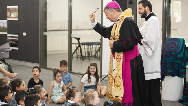 Catholic Archbishop of Sydney Anthony Fisher blessing the new classrooms at St Anthony of Padua Catholic College Austral. Picture: Genah Karagiannis, Sydney Catholic Schools