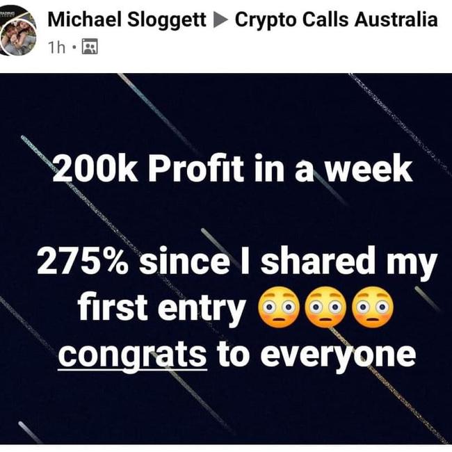 Townsville cryptocurrency investor Michael Sloggett is charged with a string of money laundering offences. Screenshot of his post in a cryptocurrency page boasting a $200,000 profit in seven days.