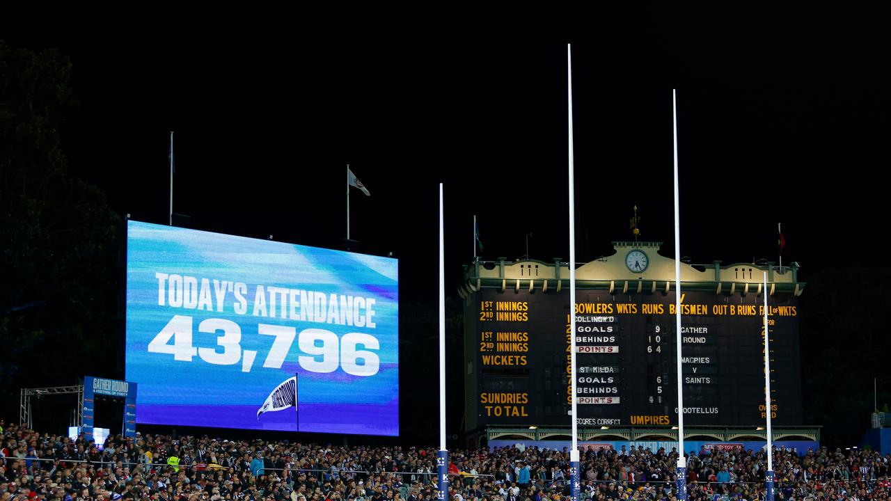 ADELAIDE, AUSTRALIA – APRIL 16: The official attendance of 43,796 is displayed during the 2023 AFL Round 05 match between the Collingwood Magpies and the St Kilda Saints at Adelaide Oval on April 16, 2023 in Adelaide, Australia. (Photo by Dylan Burns/AFL Photos via Getty Images)