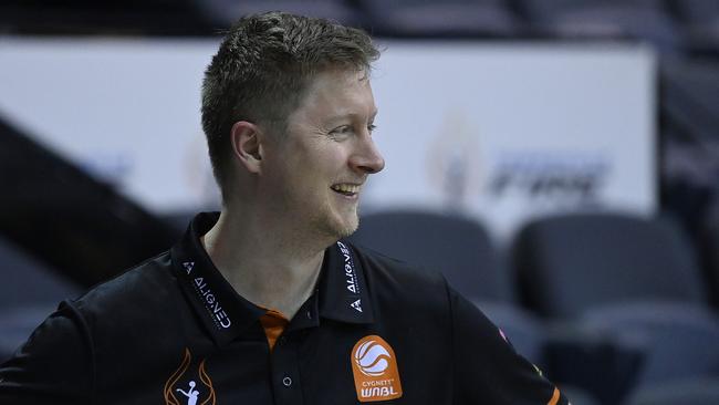 Fire coach Shannon Seebohm looks on before the start of the WNBL match between Townsville Fire and Perth Lynx at Townsville Entertainment Centre, on December 31, 2023, in Townsville, Australia. (Photo by Ian Hitchcock/Getty Images)