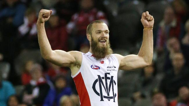 Gawn celebrates a goal earlier this year. Picture: George Salpigtidis