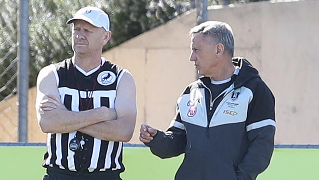 Ken Hinkley wearing the prison bars jumper at Port Adelaide training, Picture: Tait Schmaal.